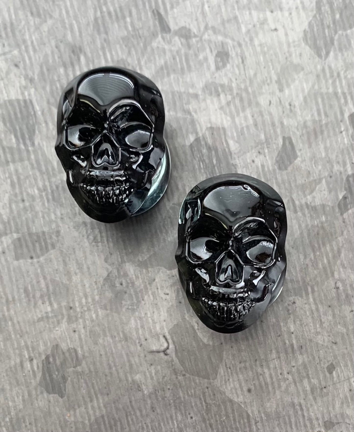 PAIR of Unique Skull Pyrex Glass Double Flare Plugs/Tunnels - Gauges 2g (6mm) through 5/8" (16mm) available - Choose multi-color or black!