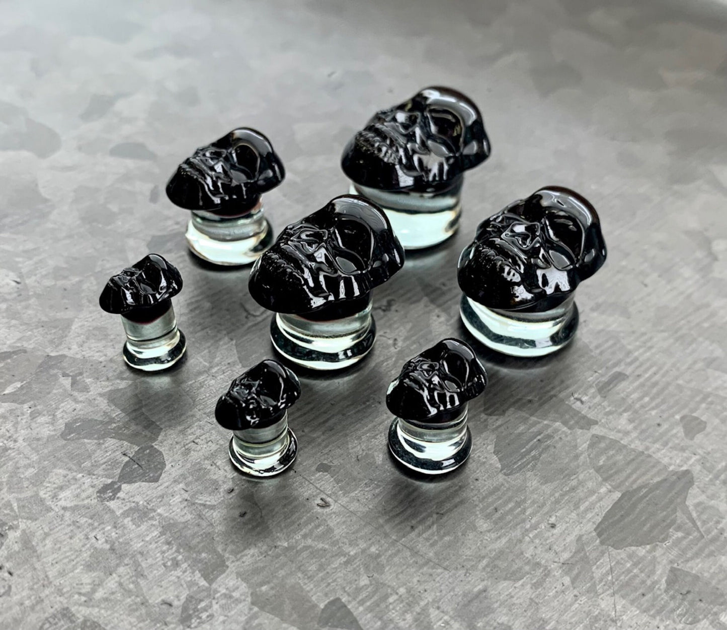 PAIR of Unique Skull Pyrex Glass Double Flare Plugs/Tunnels - Gauges 2g (6mm) through 5/8" (16mm) available - Choose multi-color or black!