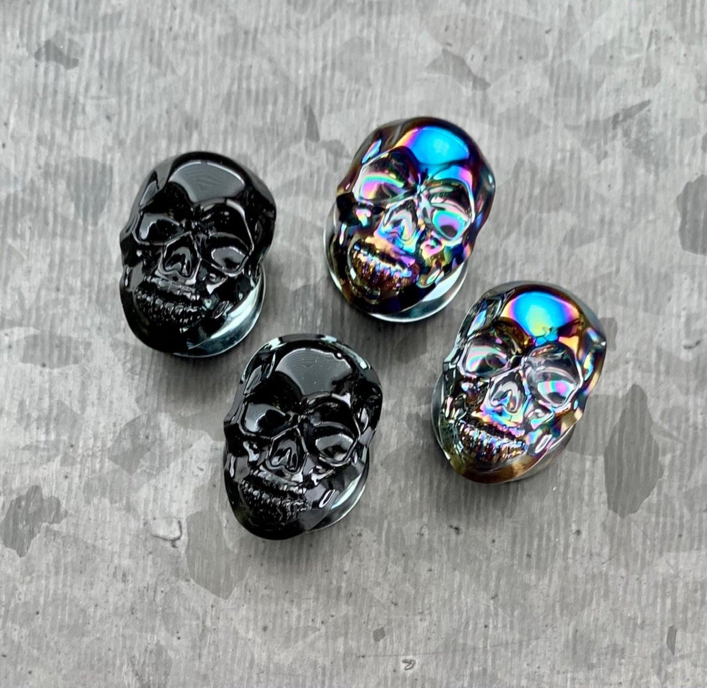 PAIR of Unique Skull Pyrex Glass Double Flare Plugs/Tunnels - Gauges 2g (6mm) through 5/8" (16mm) available - Choose multi-color or black!