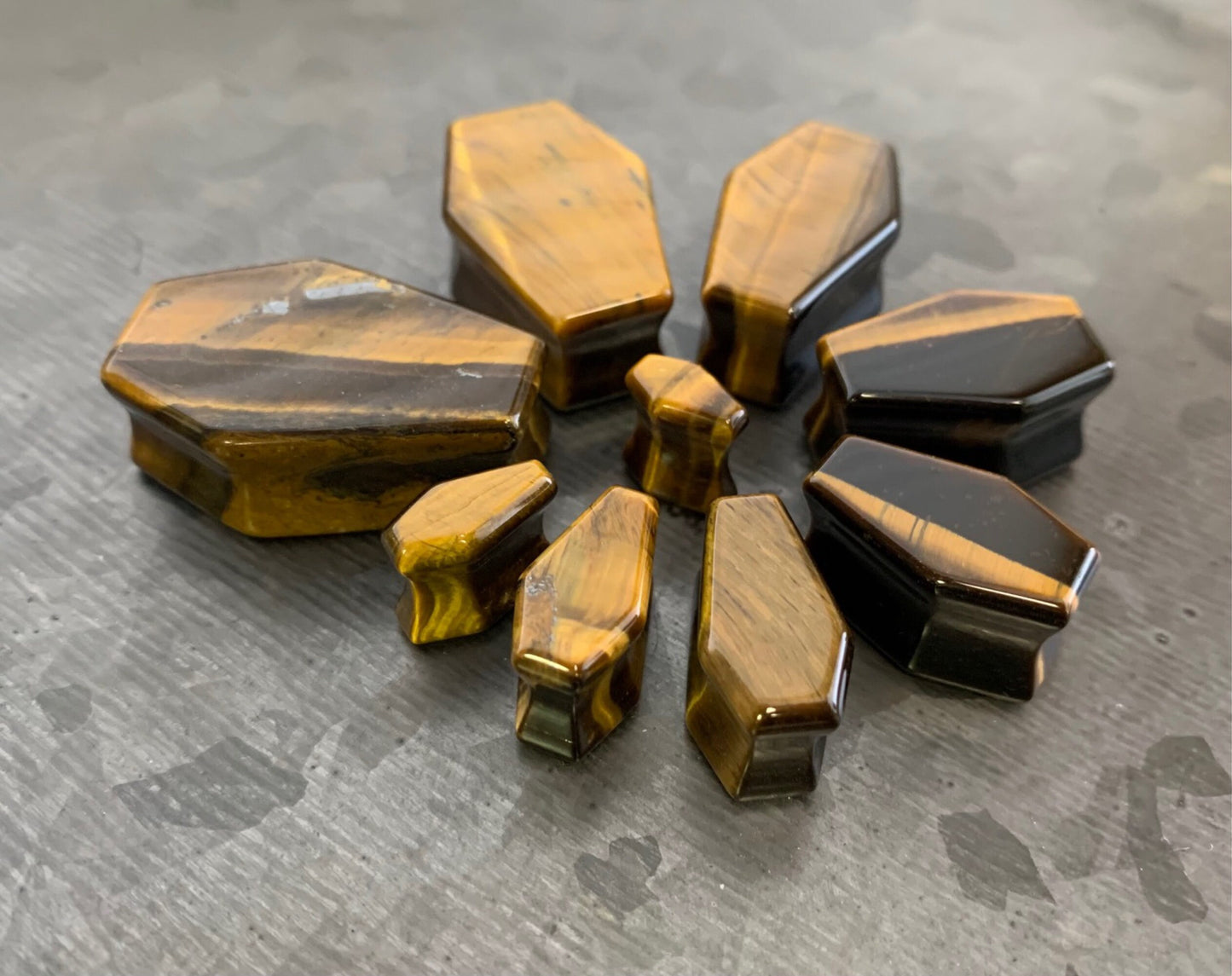 PAIR of Unique Coffin Shaped Organic Tiger Eye Double Flare Stone Plugs - Gauges 2g (6mm) to 1" (25mm) available!