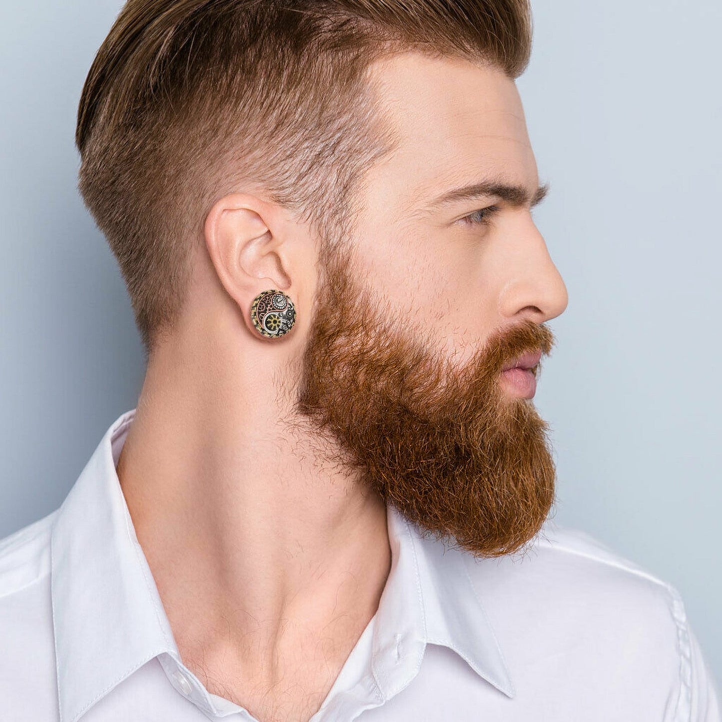 PAIR of Unique Steampunk Yin-Yang Surgical Steel Double Flare Tunnels/Plugs - Gauges 2g (6mm) thru 1" (25mm) available!