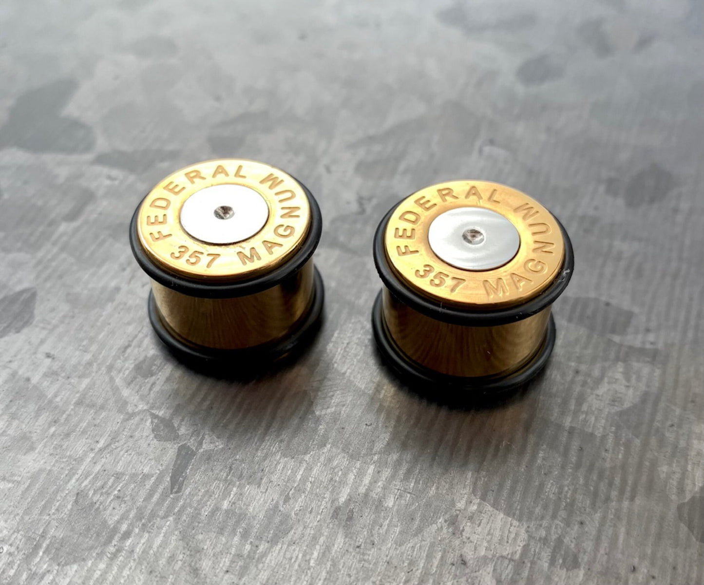 PAIR of Unique Gold Ion Plated 357 Magnum Bullet Plugs/Tunnels with O-Rings - Gauges 2g (6mm) thru 5/8" (16mm) available!