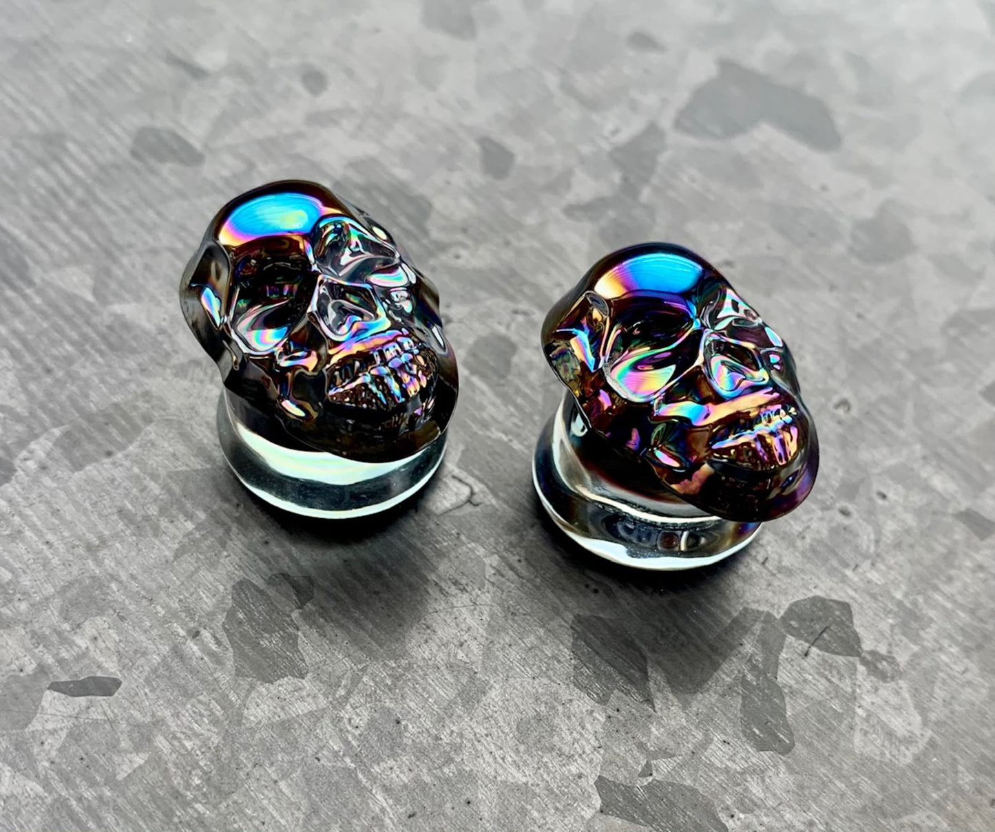 PAIR of Unique Skull Pyrex Glass Double Flare Plugs/Tunnels - Gauges 2g (6mm) through 5/8" (16mm) available - Choose multi-color or black!