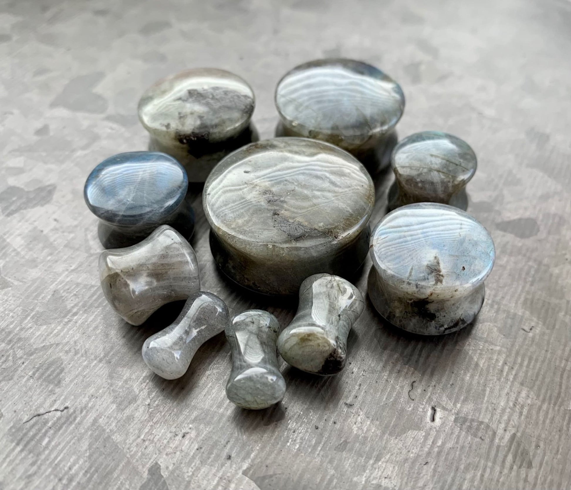 PAIR of Unique Labradorite Organic Natural Stone Double Flare Plugs/Tunnels - Gauges 4g (5mm) up to 1" (25mm) available!