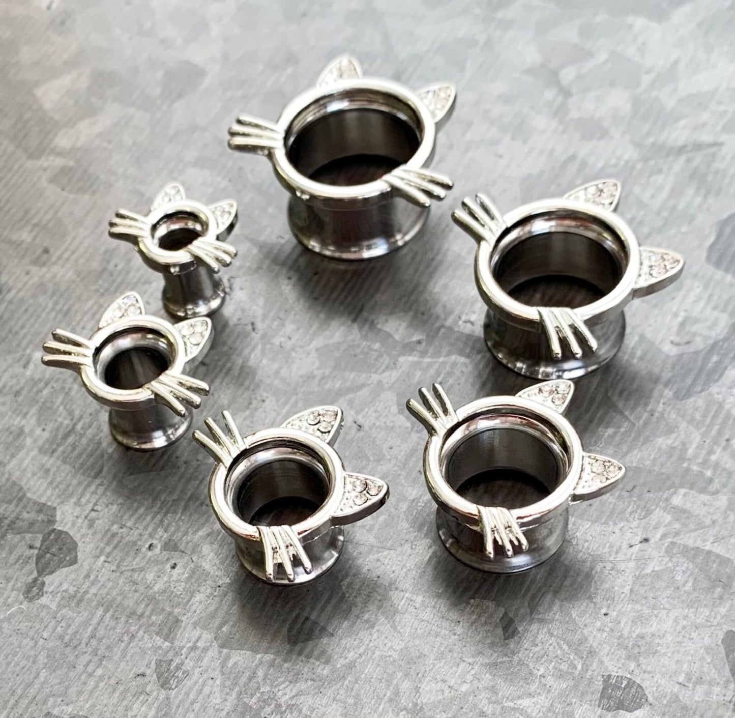 PAIR of Unique Kitty Cat Double Flare Tunnels/Plugs with Gem Ears & Whiskers - Gauges 2g (6mm) thru 5/8" (16mm) available!