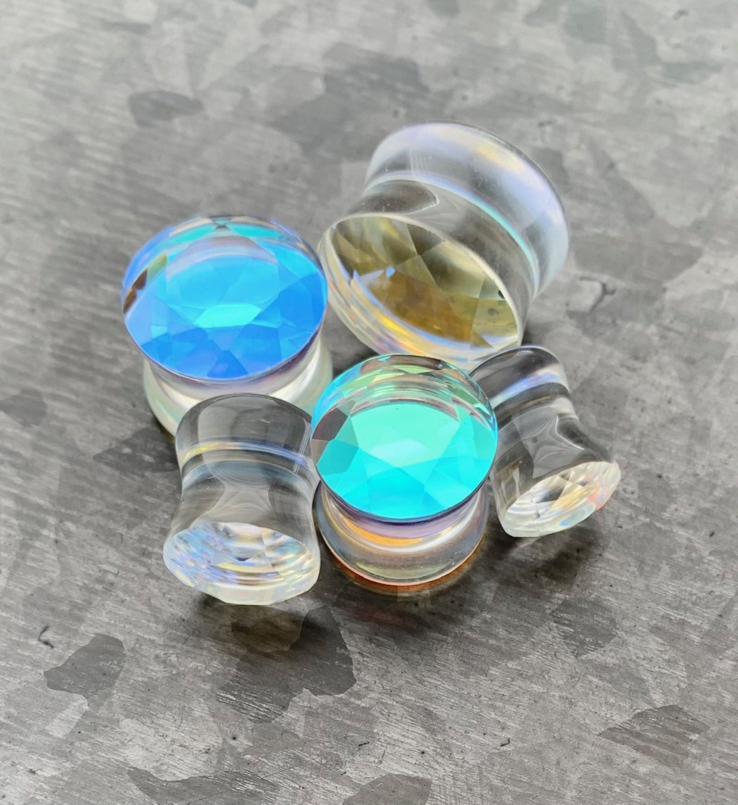 PAIR of Stunning Faceted Iridescent Glass Double Flare Plugs - Gauges 0g (8mm) through 5/8" (16mm) available!