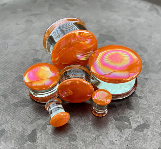 PAIR of Unique Creamsicle Orange Pearl Design Pyrex Glass Double Flare Plugs - Gauges 2g (6mm) through 1&3/16" (30mm) available!