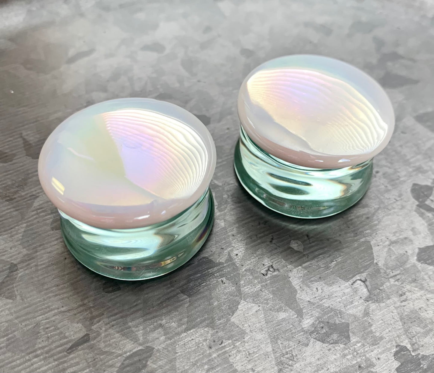 PAIR of Unique White Pearl Design Pyrex Glass Double Flare Plugs - Gauges 12mm through 1&3/16" (30mm) available!