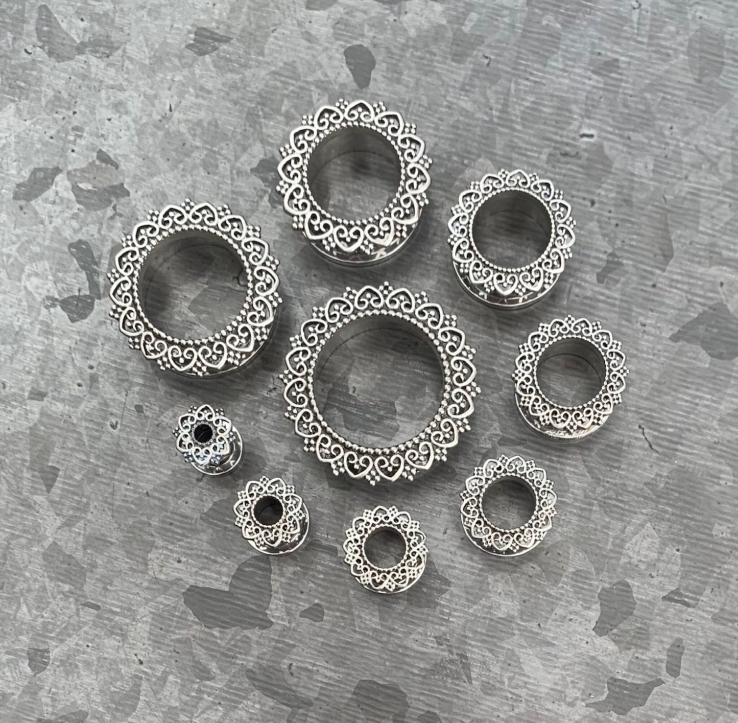 PAIR of Unique Tribal Heart Filigree Screw Fit Stainless Steel Tunnels - Gauges 2g (6mm) thru 1" (25mm) available!