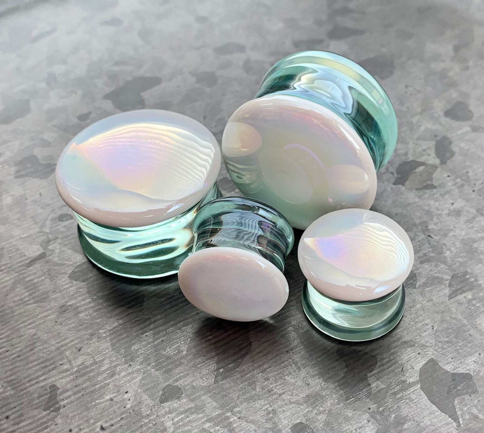 PAIR of Unique White Pearl Design Pyrex Glass Double Flare Plugs - Gauges 12mm through 1&3/16" (30mm) available!