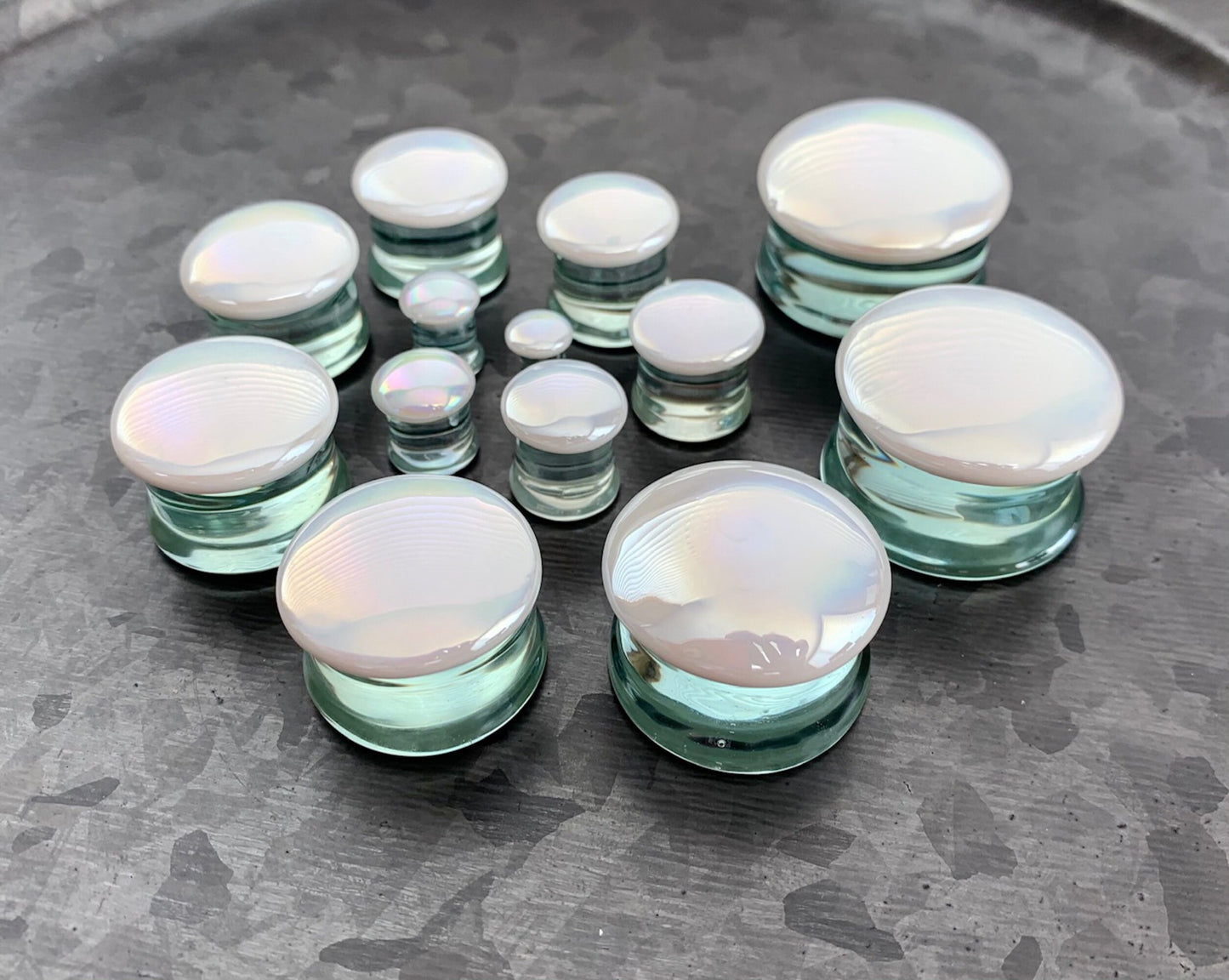 PAIR of Unique White Pearl Design Pyrex Glass Double Flare Plugs - Gauges 12mm through 1&3/16" (30mm) available!