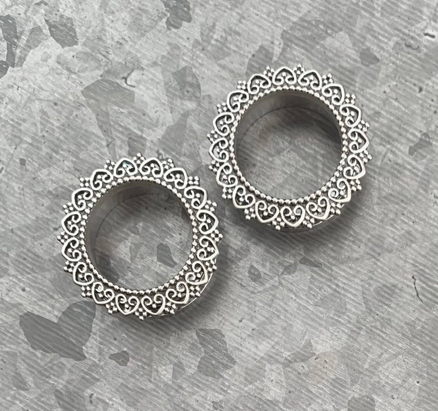 PAIR of Unique Tribal Heart Filigree Screw Fit Stainless Steel Tunnels - Gauges 2g (6mm) thru 1" (25mm) available!