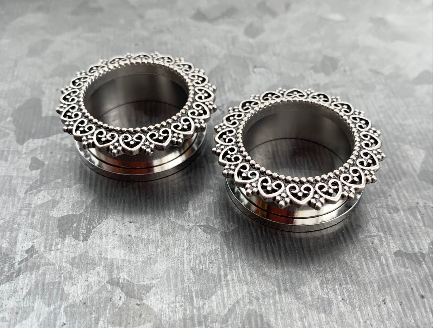 PAIR of Unique Tribal Heart Filigree Screw Fit Stainless Steel Tunnels - Gauges 2g (6mm) thru 1" (25mm) available!