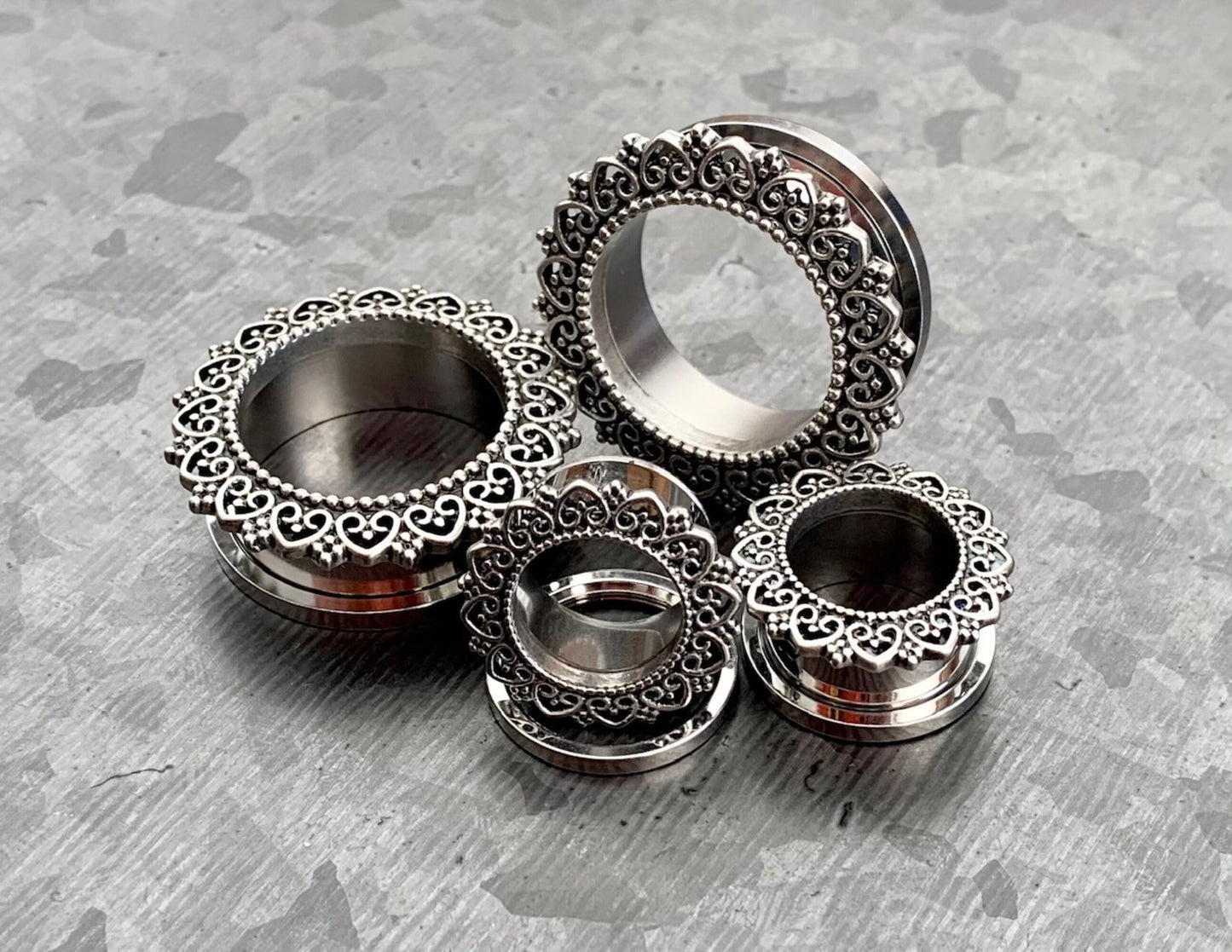 PAIR of Unique Tribal Heart Filigree Screw Fit Stainless Steel Tunnels - Gauges 2g (6mm) thru 1" (25mm) available!