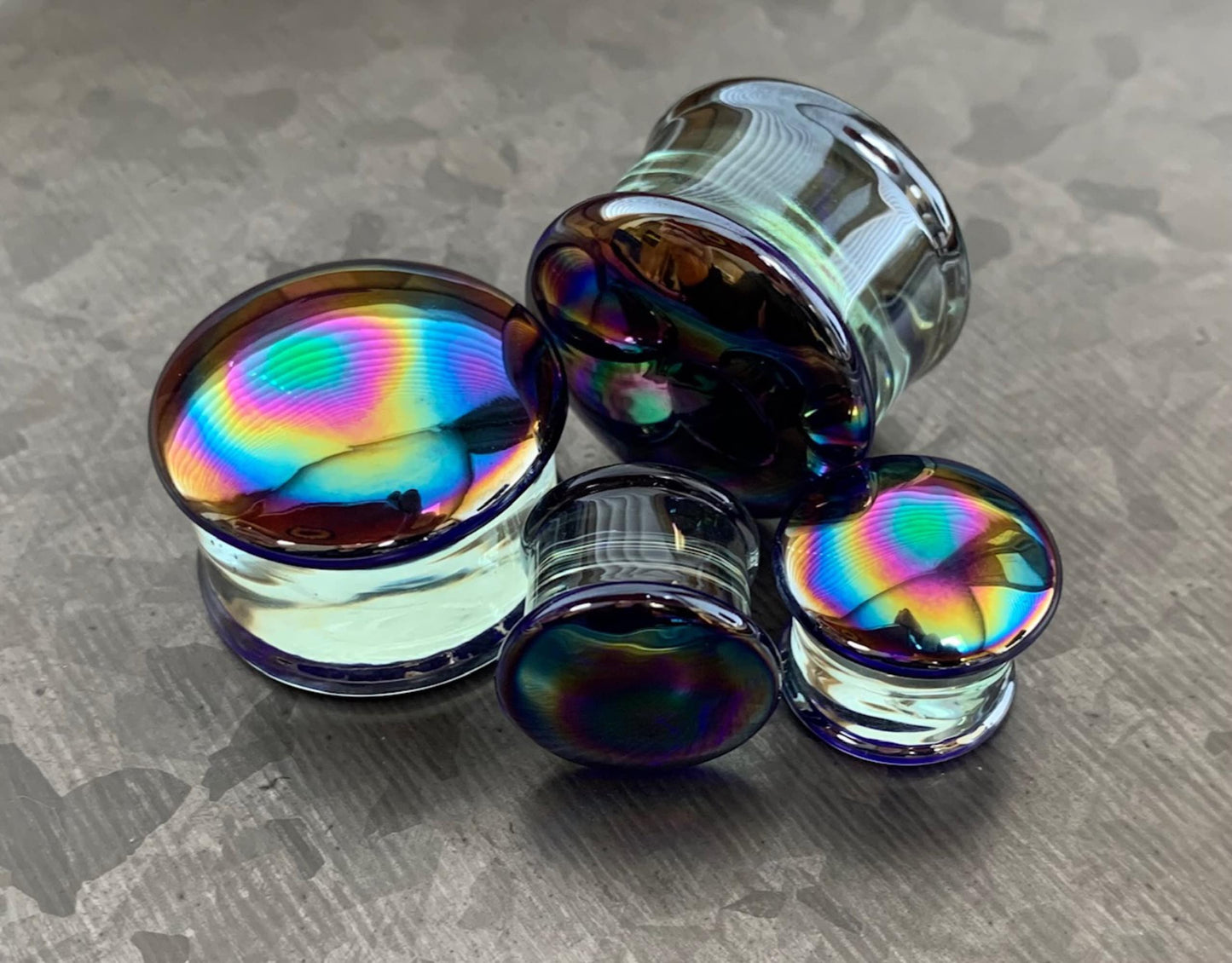 PAIR of Stunning Oil Slick Design Pyrex Glass Double Flare Plugs - Gauges 1/2" (12mm) through 1&3/16" (30mm) available!
