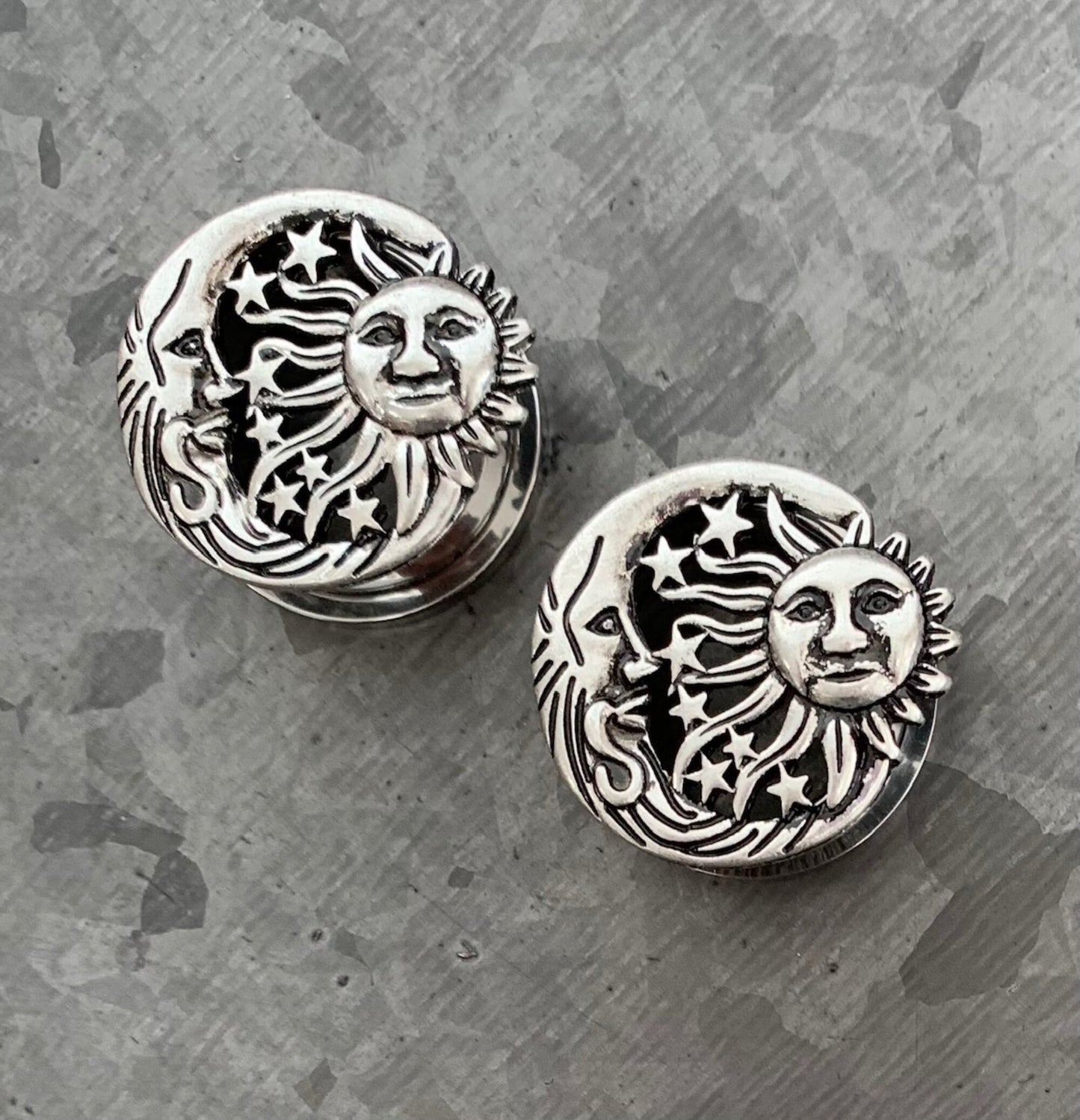 PAIR of Beautiful Moon, Star & Sun Celestial Steel Screw Fit Stainless Steel Tunnels