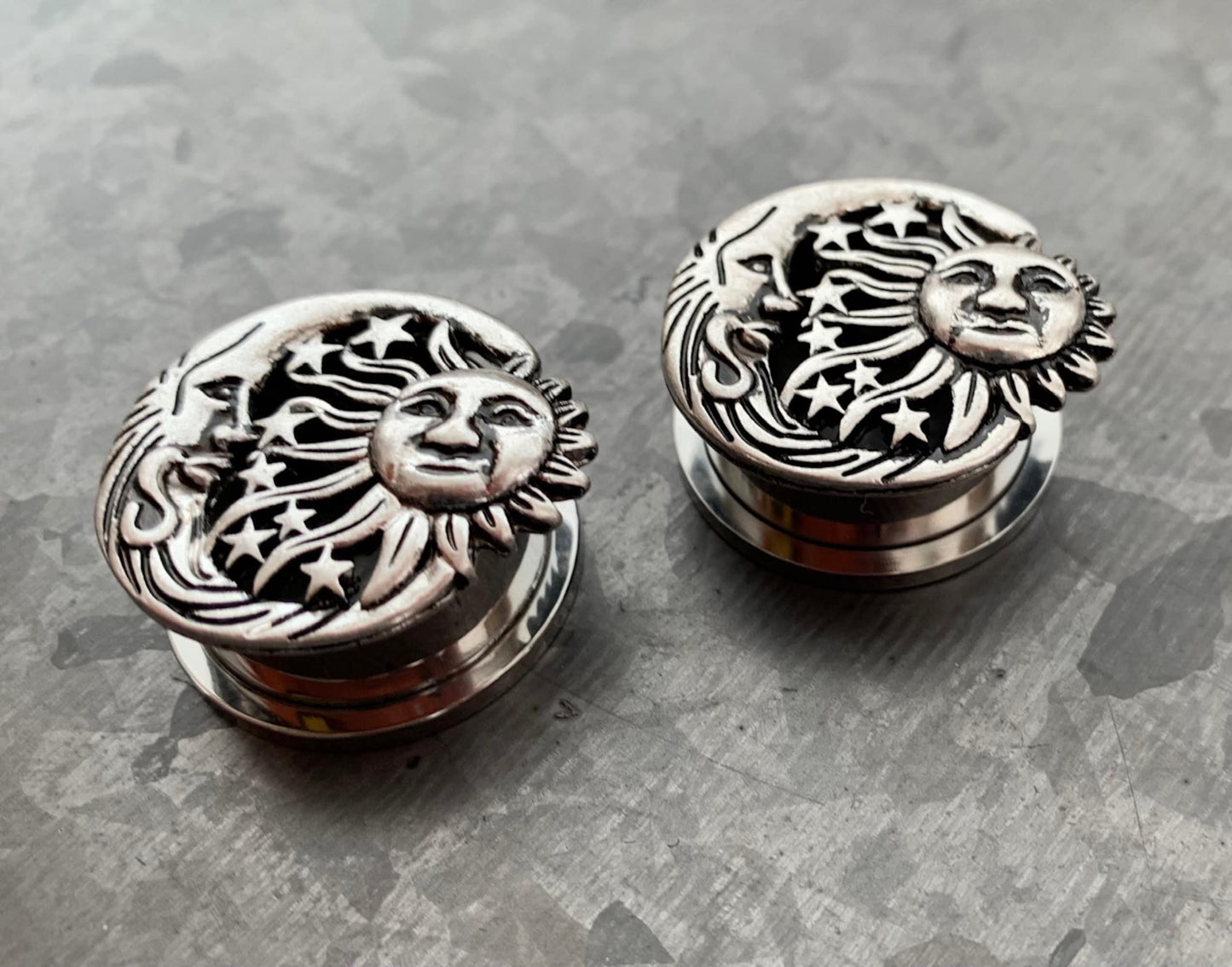 PAIR of Beautiful Moon, Star & Sun Celestial Steel Screw Fit Stainless Steel Tunnels