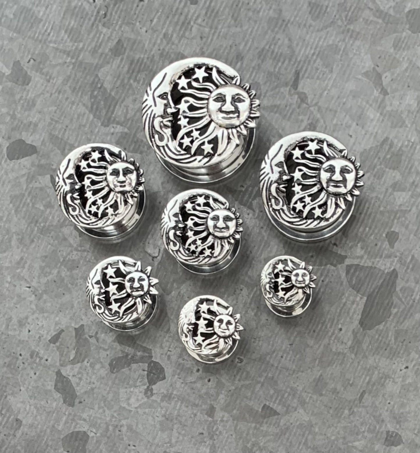 PAIR of Beautiful Moon, Star & Sun Celestial Steel Screw Fit Stainless Steel Tunnels