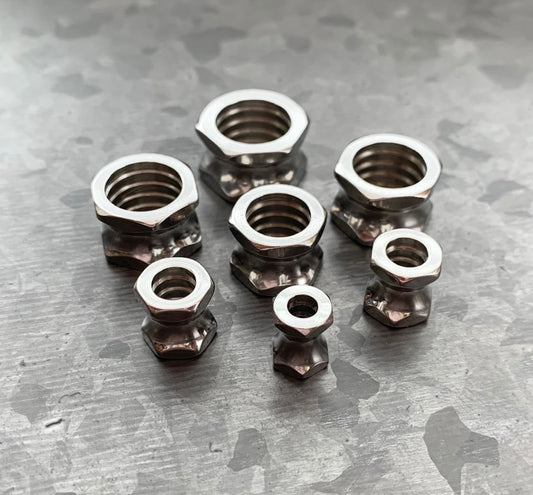 PAIR of Stunning 316L Surgical Steel Hexagon Bolt Double Flare Tunnels - Gauges 2g (6mm) thru 5/8" (16mm) available!