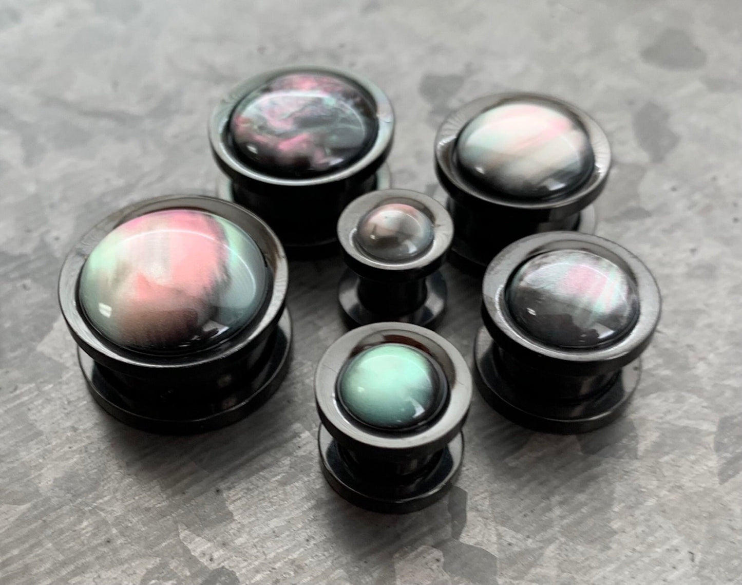 PAIR of Unique Iridescent Shell Black Screw Fit Tunnels/Plugs - Gauges 0g (8mm) thru 5/8" (16mm) available!