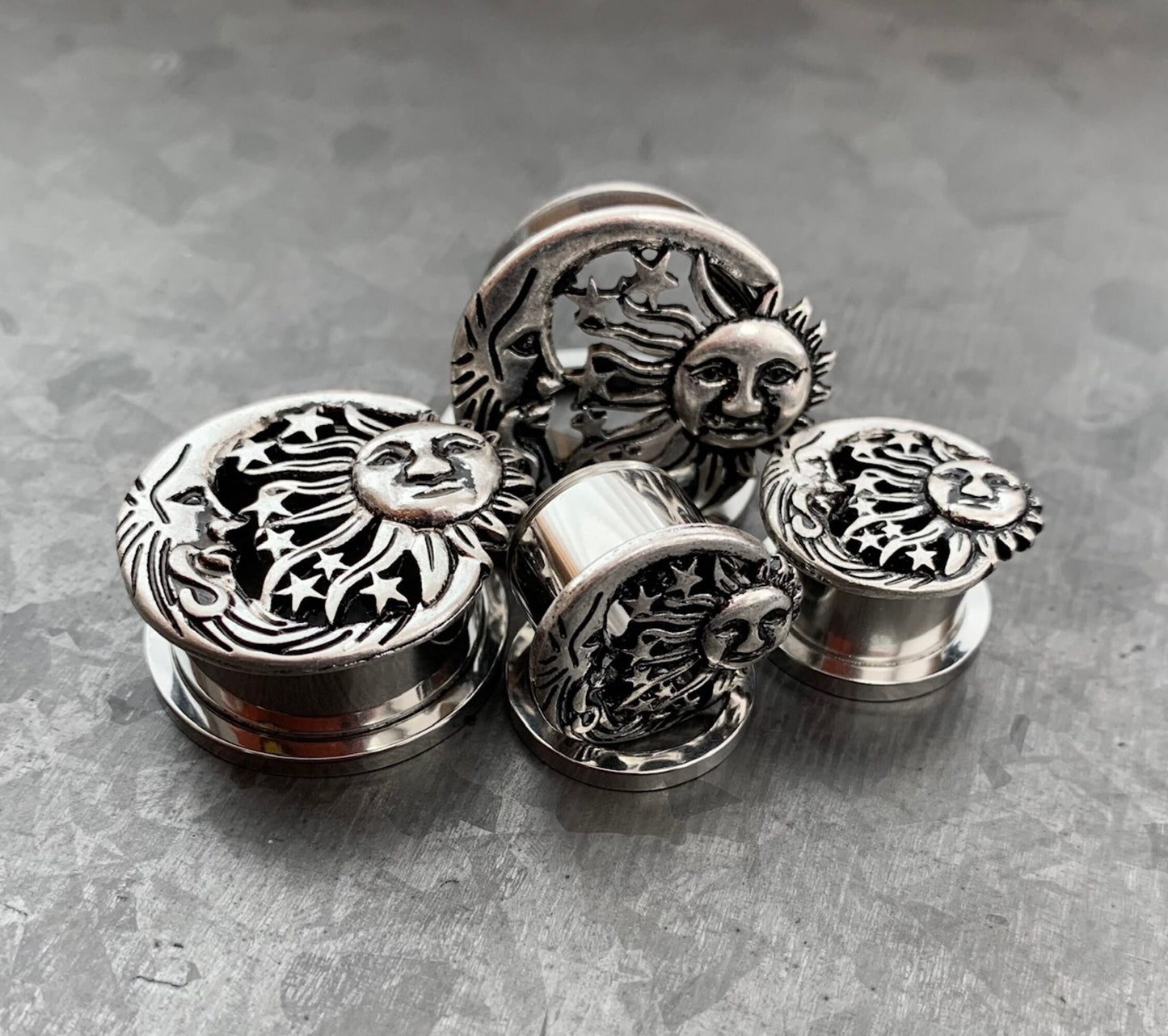 PAIR of Beautiful Moon, Star & Sun Celestial Steel Screw Fit Stainless Steel Tunnels