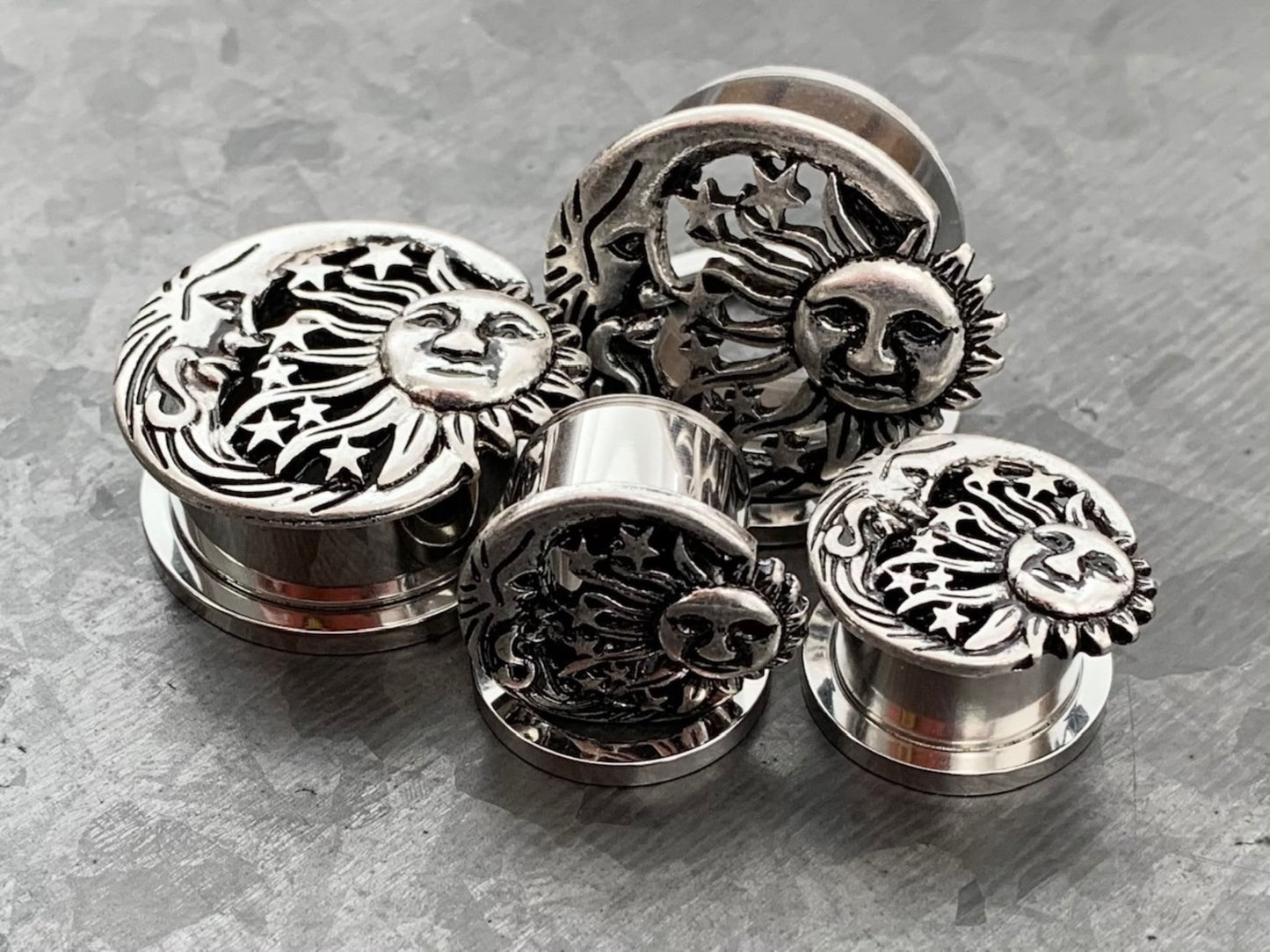 PAIR of Beautiful Moon, Star & Sun Celestial Steel Screw Fit Stainless Steel Tunnels