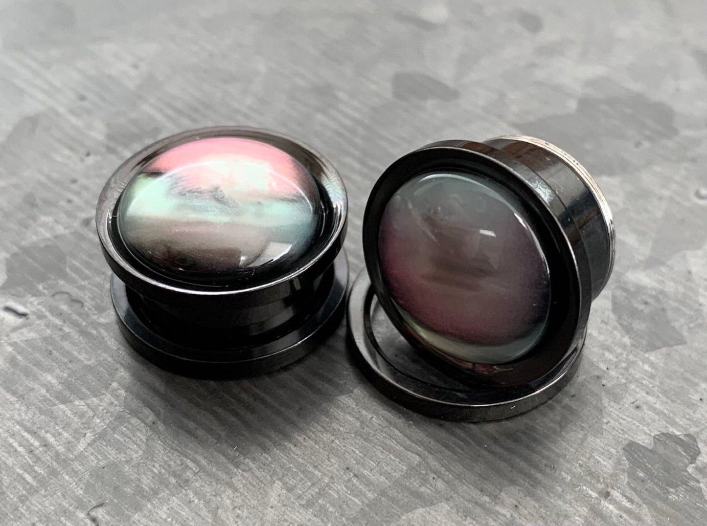 PAIR of Unique Iridescent Shell Black Screw Fit Tunnels/Plugs - Gauges 0g (8mm) thru 5/8" (16mm) available!