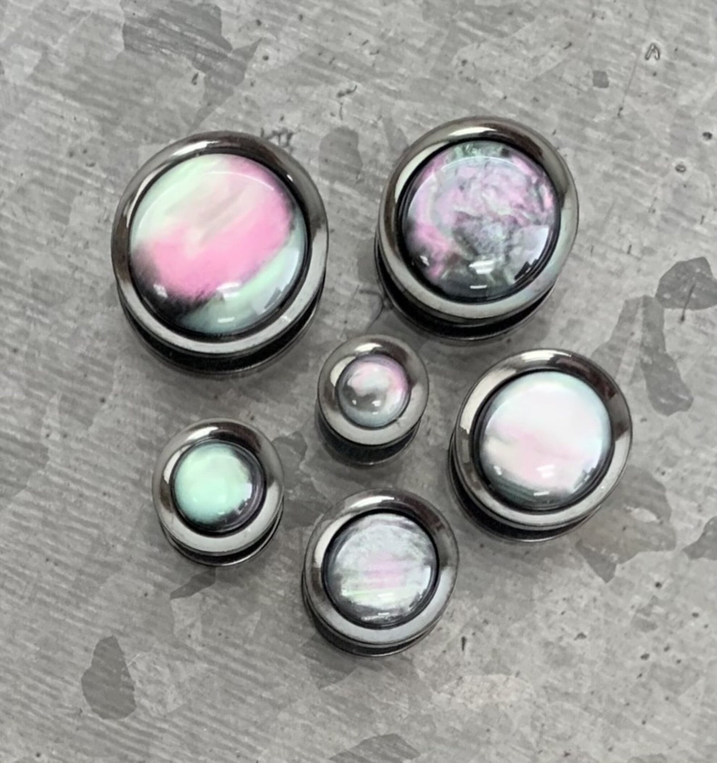 PAIR of Unique Iridescent Shell Black Screw Fit Tunnels/Plugs - Gauges 0g (8mm) thru 5/8" (16mm) available!