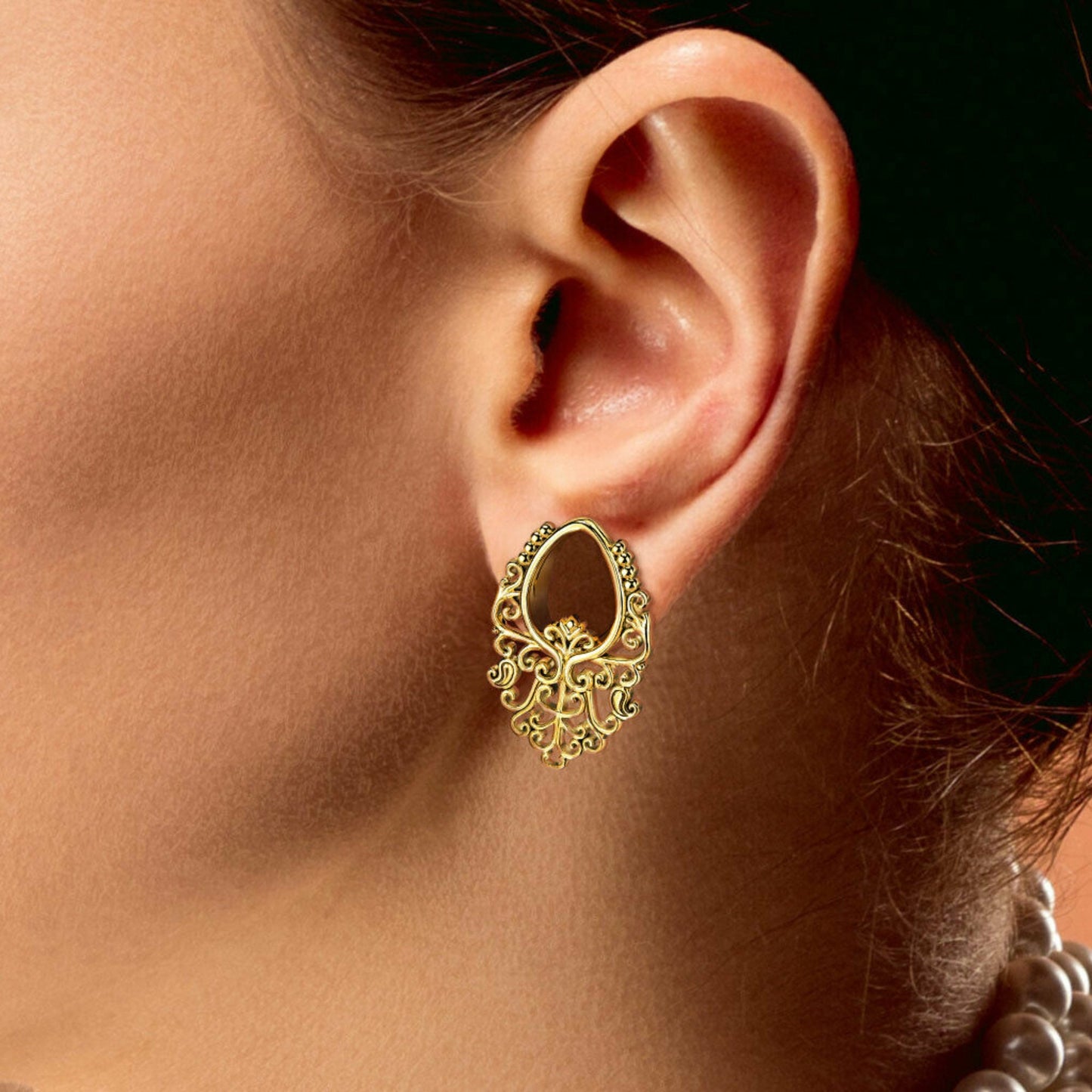 PAIR of Elegant Filigree Teardrop Double Flare Tunnels/Plugs in Silver or Gold - Gauges 0g (8mm) thru 5/8" (16mm) available!