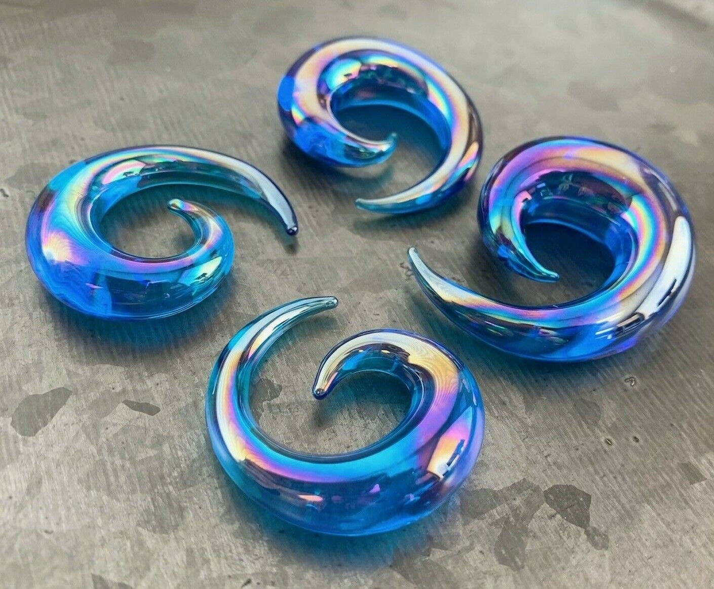 PAIR of Stunning Blue Lucifer Glass Spiral Taper Plugs - Expanders Gauges