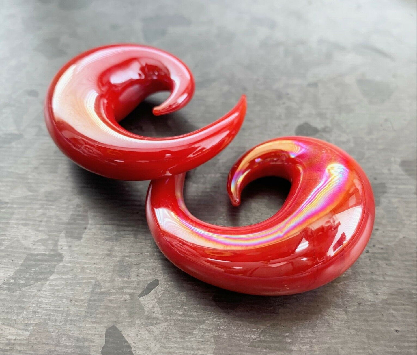 PAIR of Stunning Red Lucifer Glass Spiral Taper Plugs - Expanders Gauges