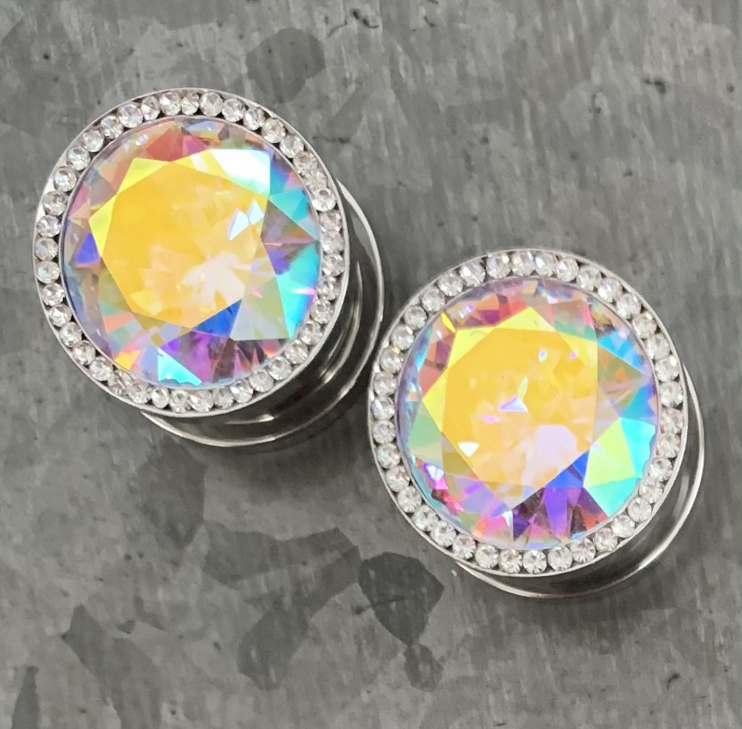 PAIR of Unique Steel Screw Fit Plugs with Large Aurora Borealis CZ Gem Surrounded by a CZ Rim - Gauges 8g (3.2) thru 5/8" (16mm) available!
