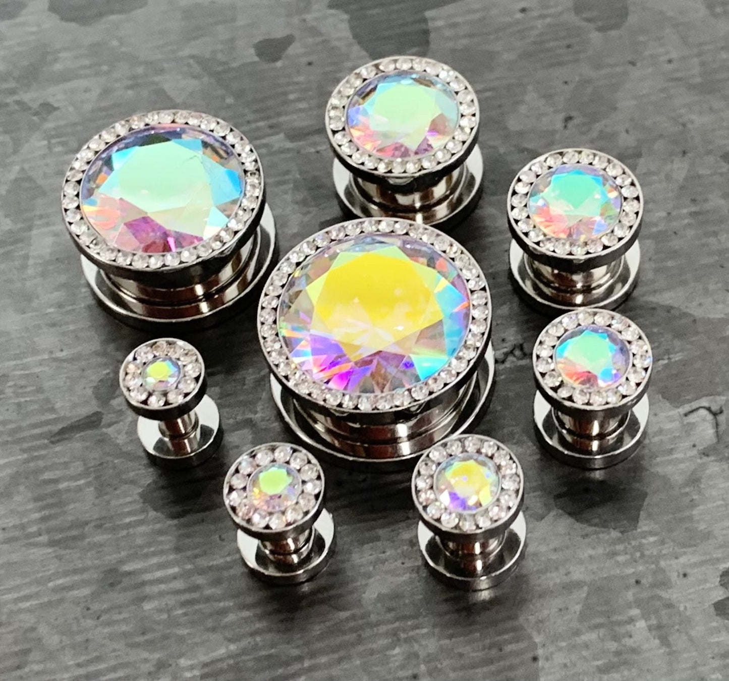 PAIR of Unique Steel Screw Fit Plugs with Large Aurora Borealis CZ Gem Surrounded by a CZ Rim - Gauges 8g (3.2) thru 5/8" (16mm) available!