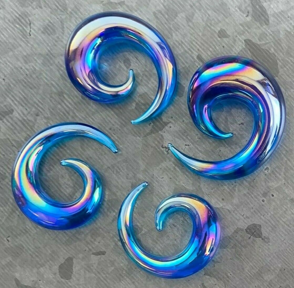 PAIR of Stunning Blue Lucifer Glass Spiral Taper Plugs - Expanders Gauges