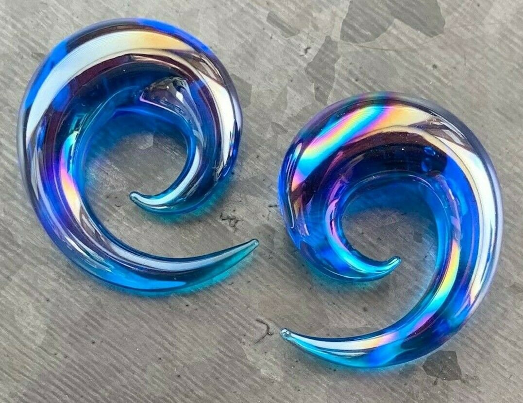 PAIR of Stunning Blue Lucifer Glass Spiral Taper Plugs - Expanders Gauges