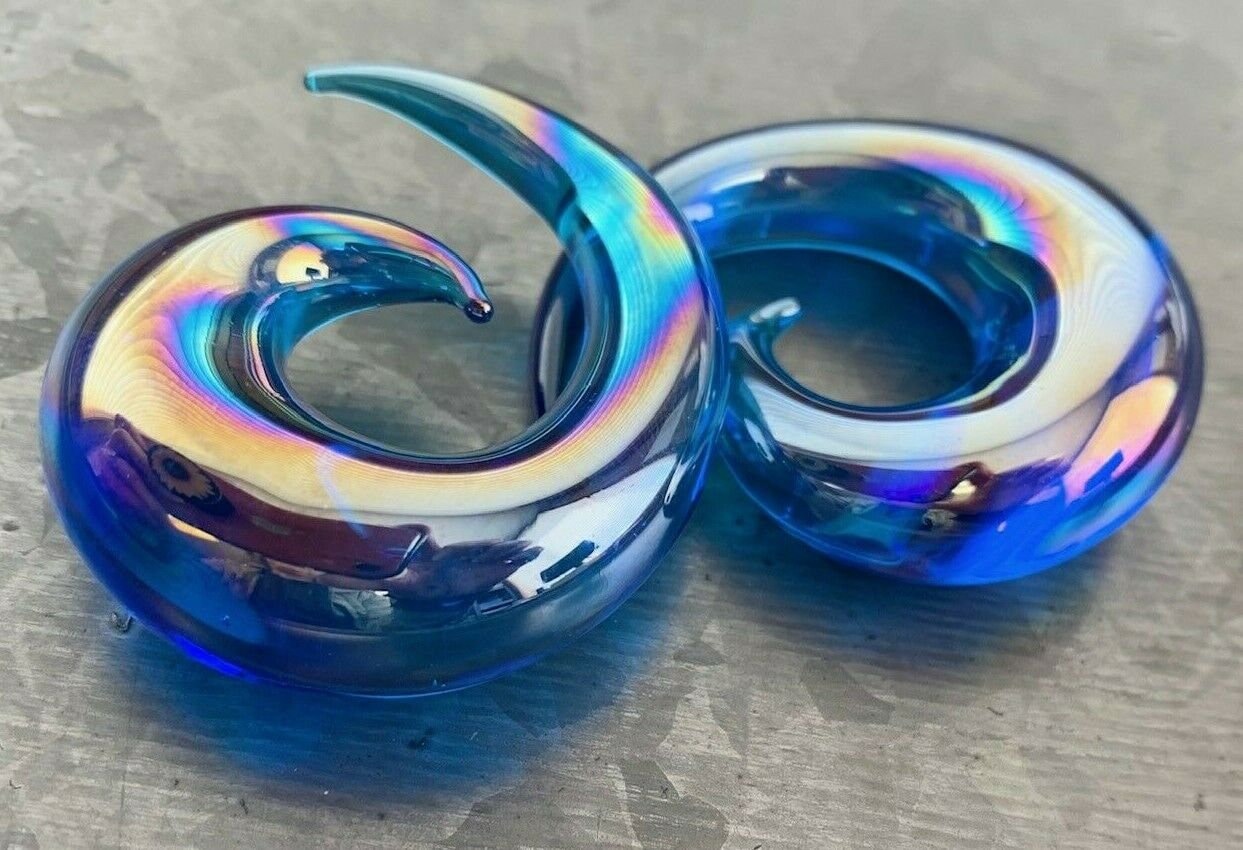 PAIR of Stunning Blue Lucifer Glass Spiral Taper Plugs - Expanders Gauges