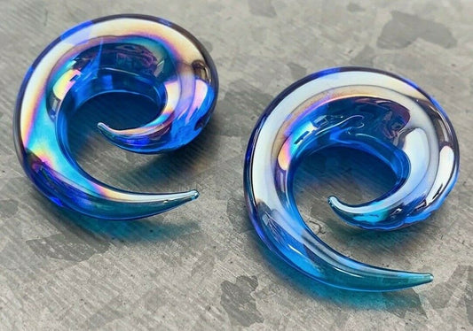 PAIR of Stunning Blue Lucifer Glass Spiral Taper Plugs - Expanders Gauges