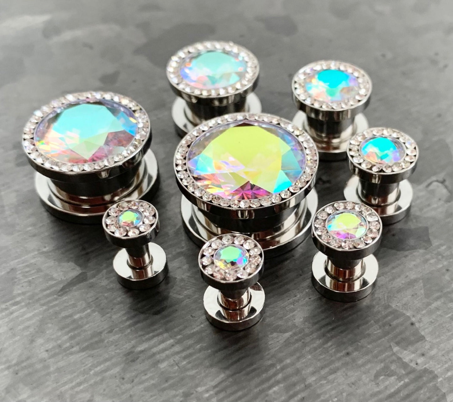 PAIR of Unique Steel Screw Fit Plugs with Large Aurora Borealis CZ Gem Surrounded by a CZ Rim - Gauges 8g (3.2) thru 5/8" (16mm) available!