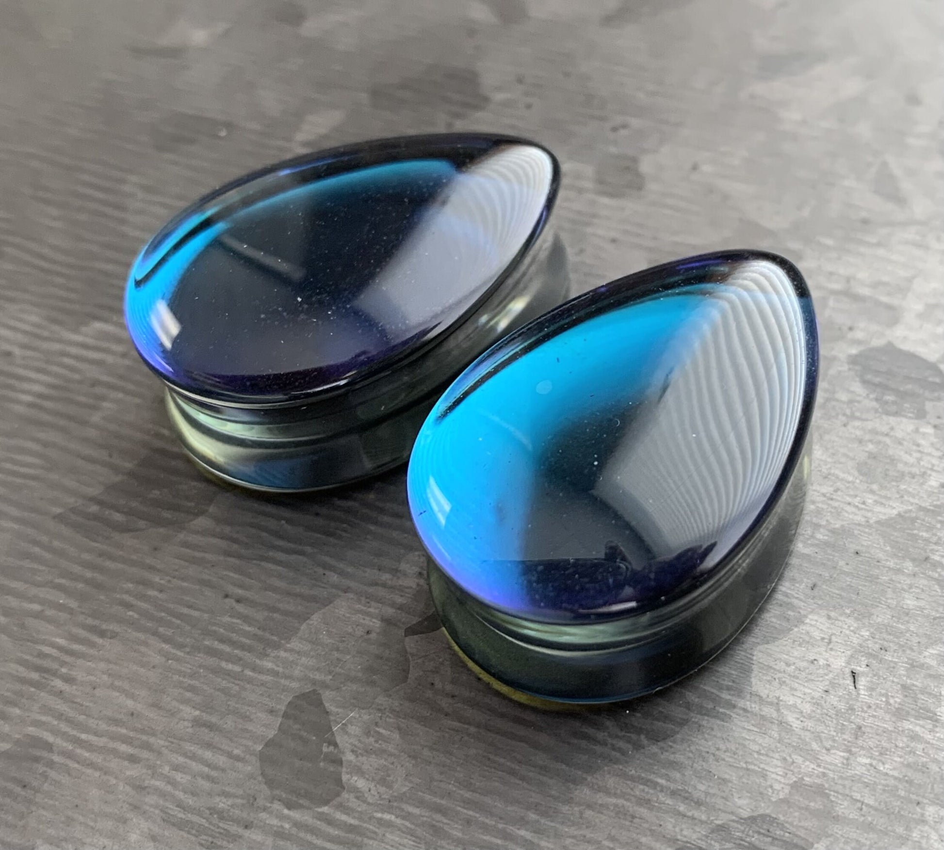 PAIR of Unique Midnight Moonstone Iridescent Double Flare Glass Teardrop Plugs - Gauges 2g (6mm) thru 1" (25mm) available!