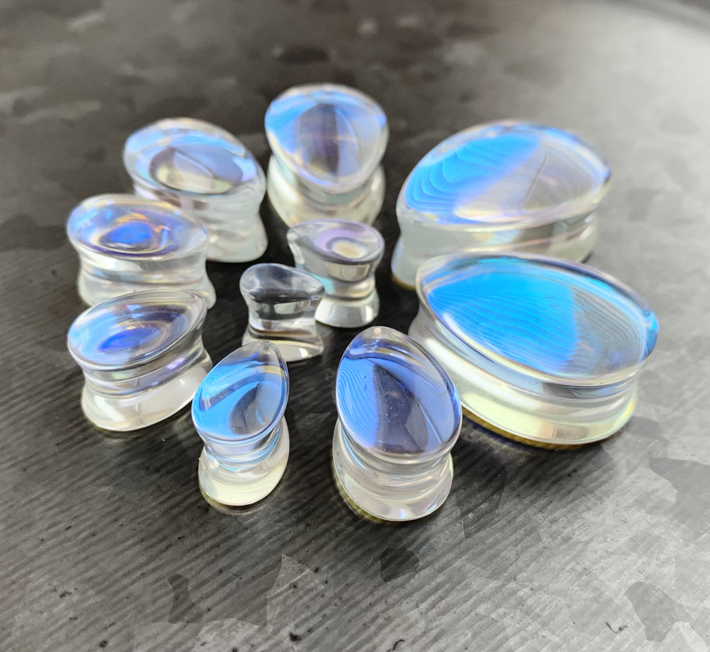 PAIR of Stunning Luminous Moonstone Iridescent Glass Teardrop Double Flare Plugs - Gauges 2g (6.5mm) thru 1"(25mm) available!
