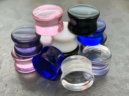 PAIR of Beautiful Flat Glass Double Flare Plugs - Black, Clear, White, Purple, Blue and Pink available!