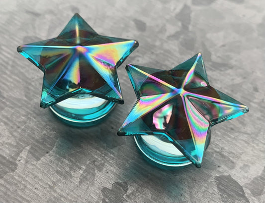 PAIR of Stunning Blue Aurora Borealis Glass Star Double Flare Plugs - ONLY 12MM (1/2") LEFT!
