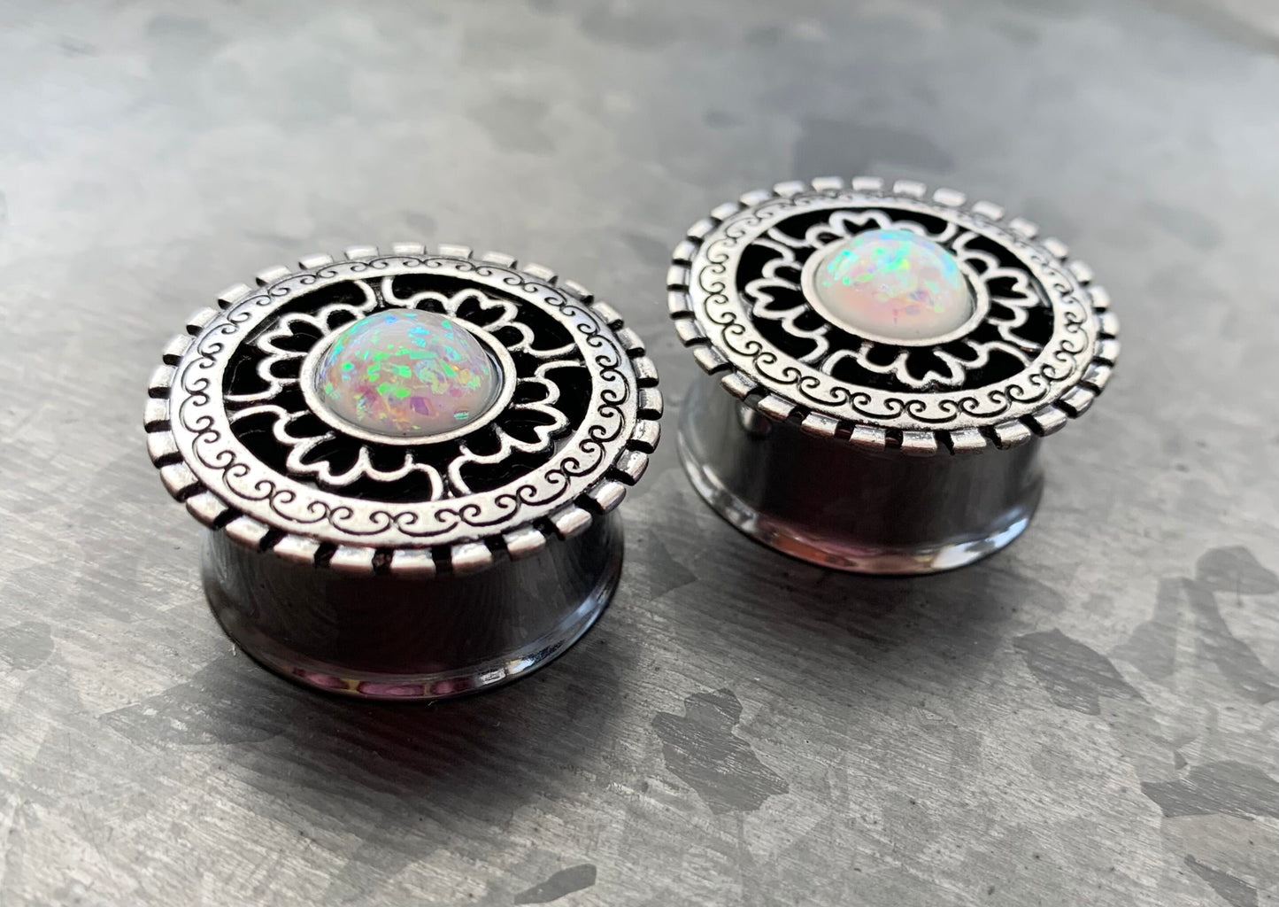 PAIR of Unique Antique Silver Shield w/Opal Center Surgical Steel Double Flare Tunnels - Gauges 6g (4mm) thru 1" (25mm) available!