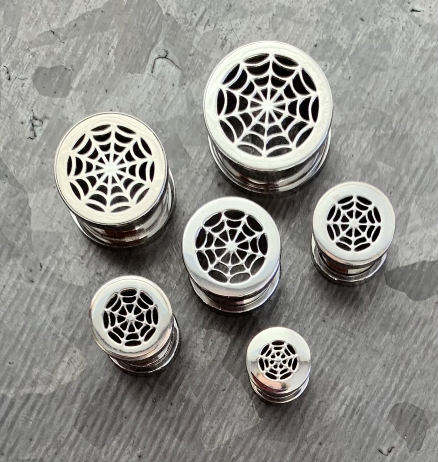 PAIR of Stunning Spider Web Steel Screw Fit Tunnels/Plugs - Gauges 2g (6mm) thru 5/8" (16mm) available!
