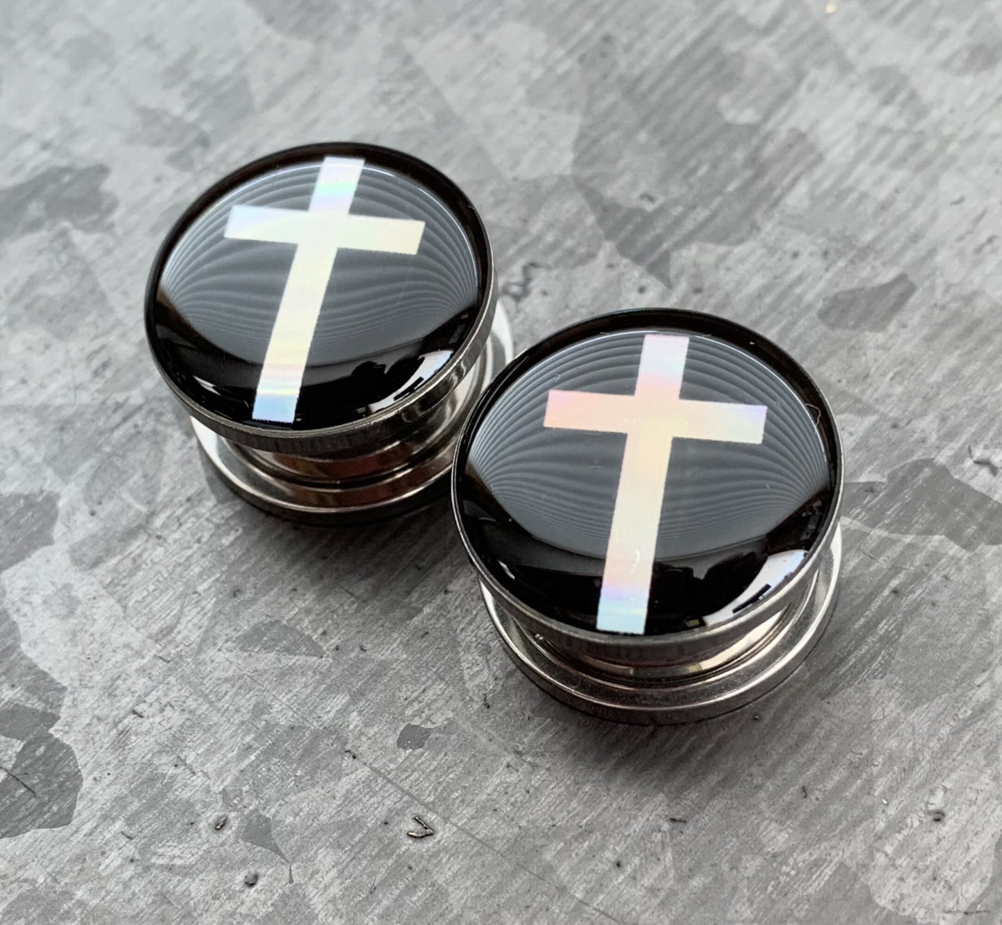 PAIR of Stunning Hologram Cross Screw Fit Surgical Steel Tunnels/Plugs - Gauges 2g (6mm) thru 5/8" (16mm) available!