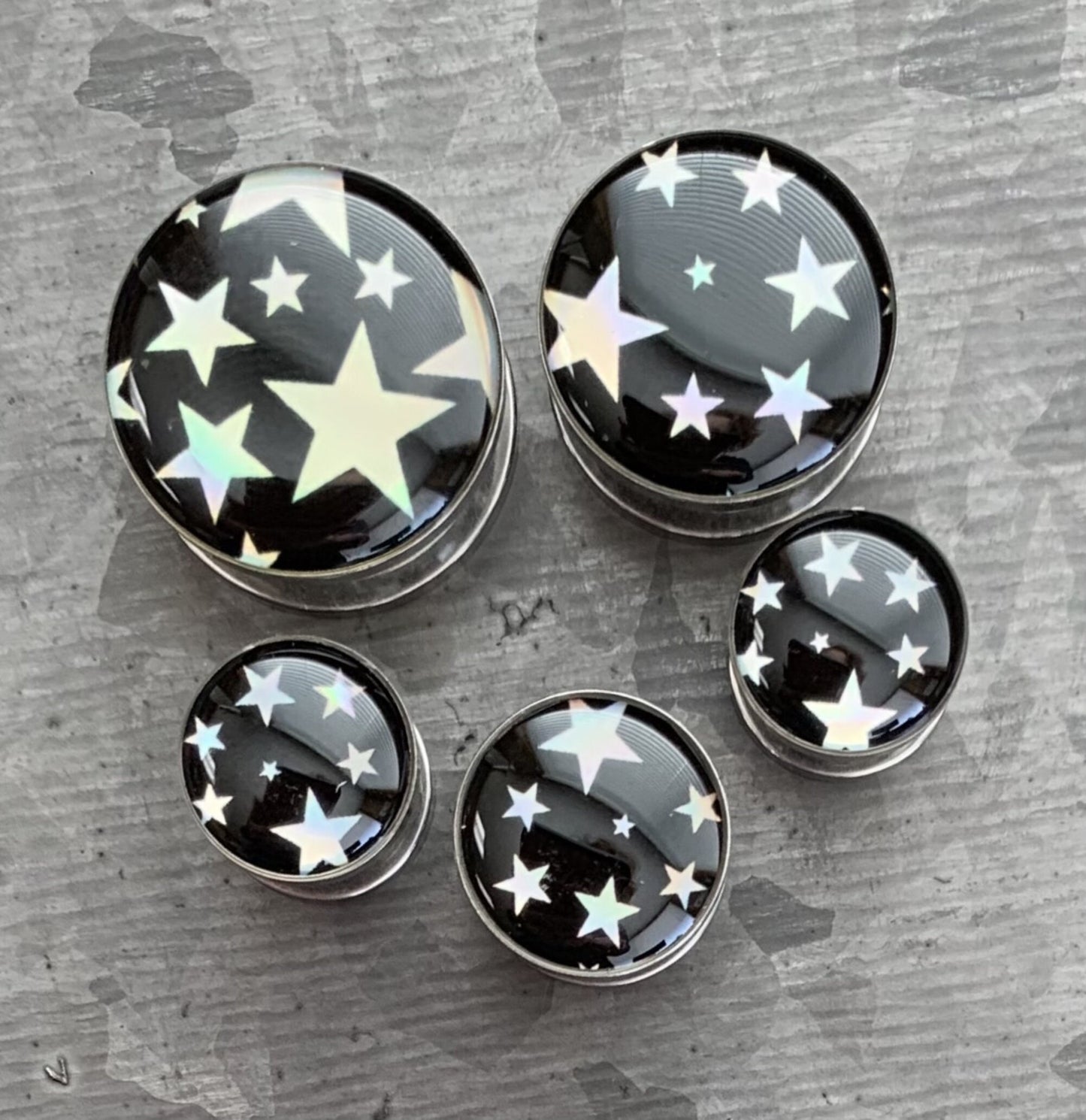 PAIR of Beautiful Hologram Star Screw Fit Surgical Steel Tunnels/Plugs - Gauges 2g (6mm) thru 5/8" (16mm) available!