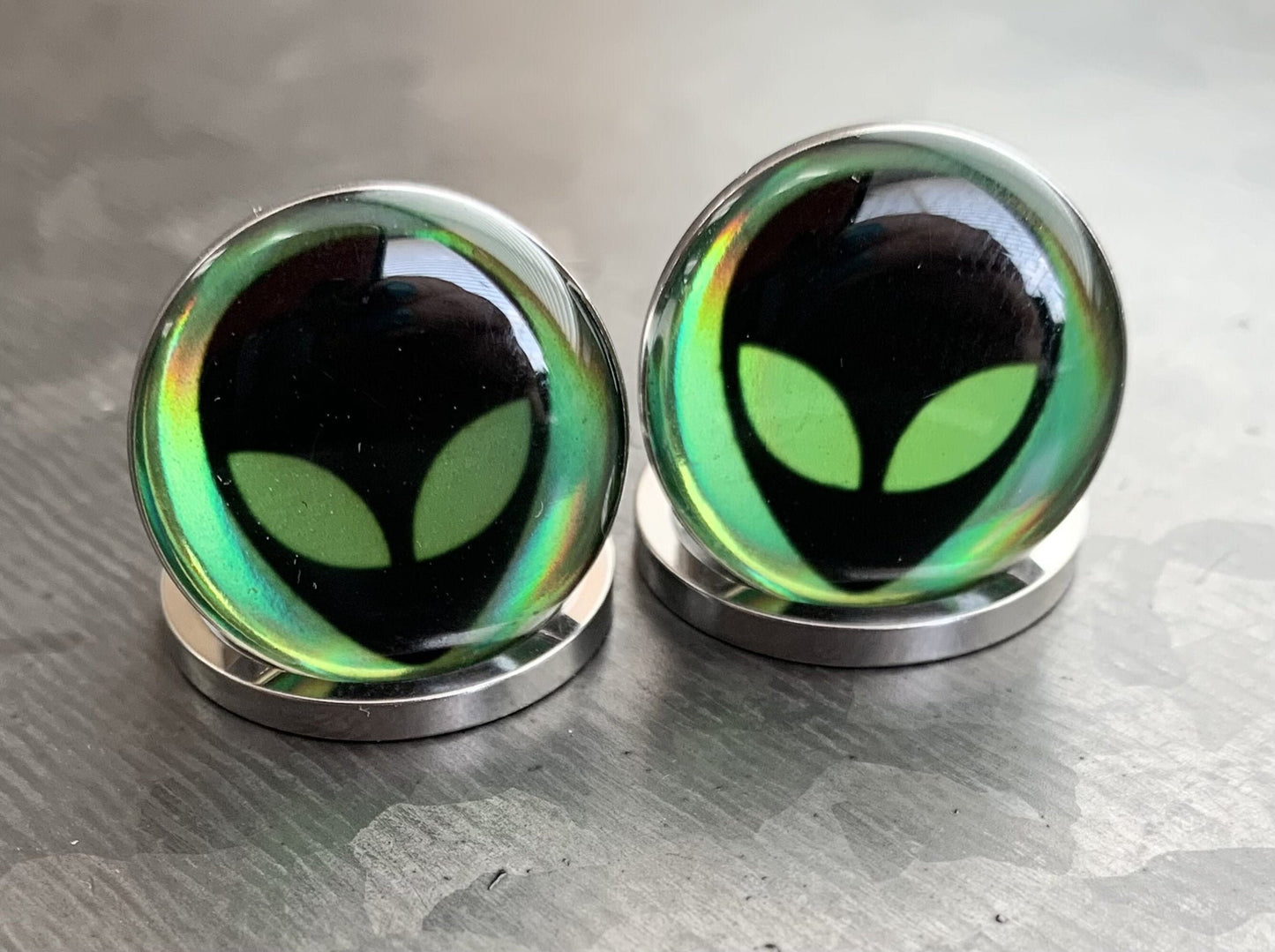 PAIR of Unique Hologram Alien Screw Fit Surgical Steel Tunnels/Plugs - Gauges 2g (6mm) thru 5/8" (16mm) available!