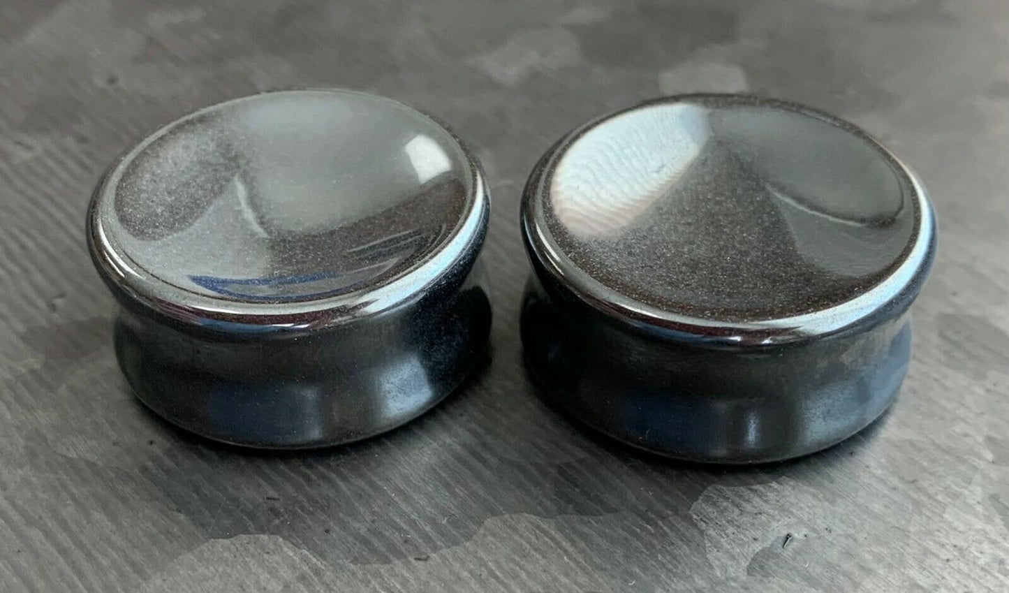 PAIR of Beautiful Concave Hematite Organic Stone Double Flare Plugs - Gauges 2g (6mm) up to 1" (25mm) available!