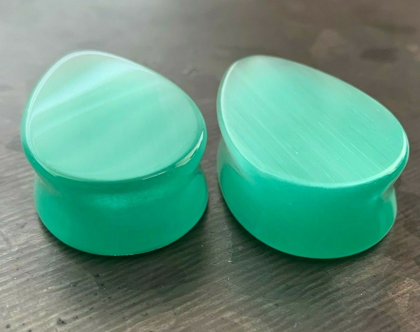 PAIR of Unique Sea Foam Green Cat Eye Stone Double Flare Teardrop Plugs - Gauges 2g (6mm) up to 1" (25mm) available!