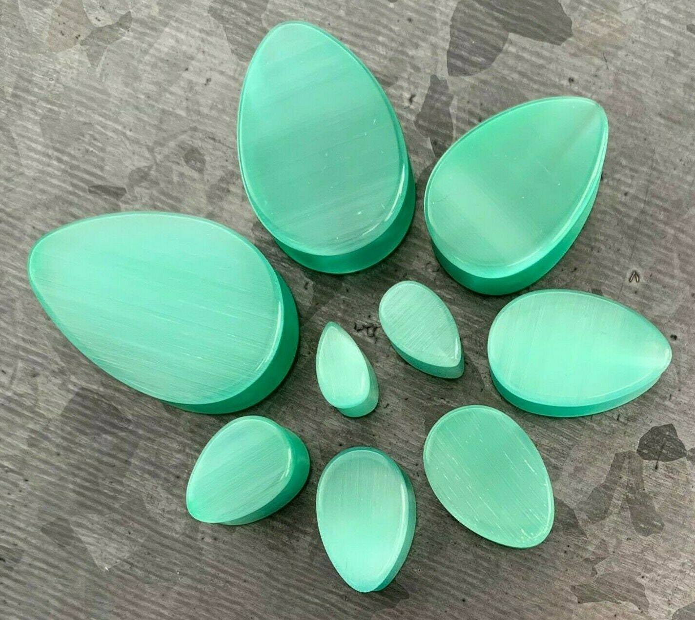 PAIR of Unique Sea Foam Green Cat Eye Stone Double Flare Teardrop Plugs - Gauges 2g (6mm) up to 1" (25mm) available!